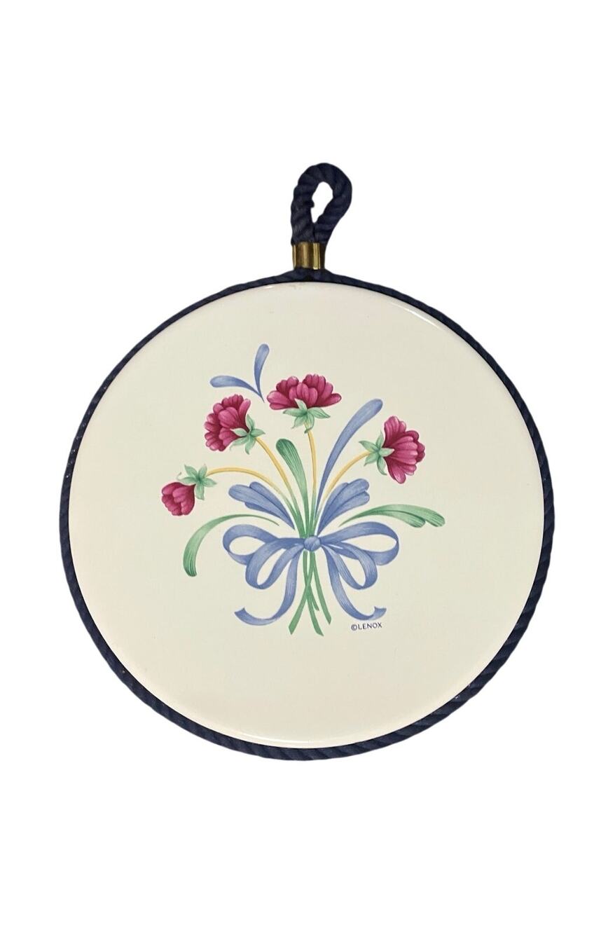 Lenox Poppies on Blue Round Cork Back Trivet 6.25" Rope Edge Vintage